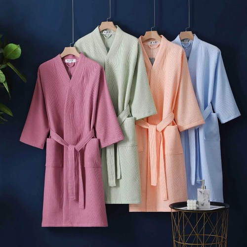 Albornoz de algodón Kimono Hombres Mujeres Batas Cuello en V Prendas para dormir Camisón Sólido Hotel