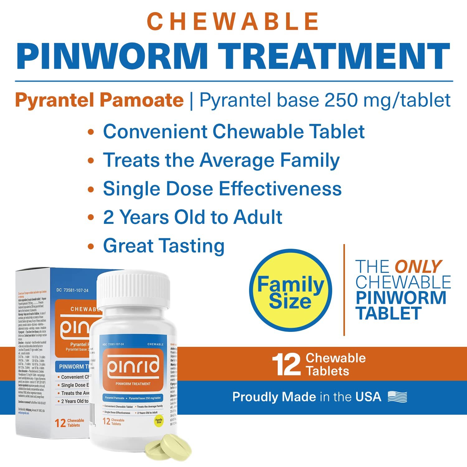 PinRid Pinworm Treatment Pyrantel Pamoate 250mg 12 Count