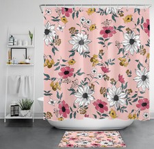 Garden Green Leaves Yellow Floral Pink Shower Curtain Set for Bathroom Decor