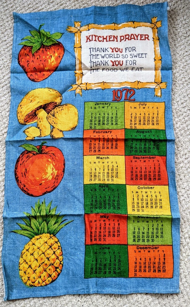 Vintage 100% Linen Calendar 1972 Blue Towel Fruit Mushroom 15 x 27"  Mid-Century | eBay