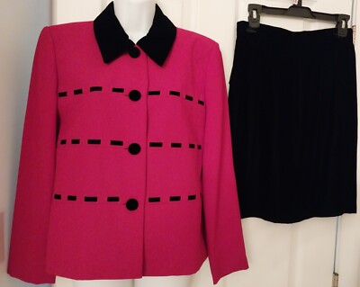 John Roberts Black Velvet  Skirt Red Jacket W Trim 2 Piece Suit EUC Sz 8 Holiday