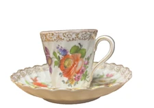 Antique Dresden Demitasse Cup & Saucer – Hand-Painted Floral Porcelain, Gilded