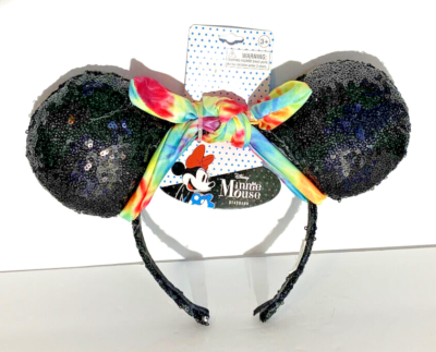 Minnie mouse sequin ears headband with a tie-dyed bow . New Disney Minnie Mouse Black Sequin Ears Headband Tie Dye Bow  main image 2