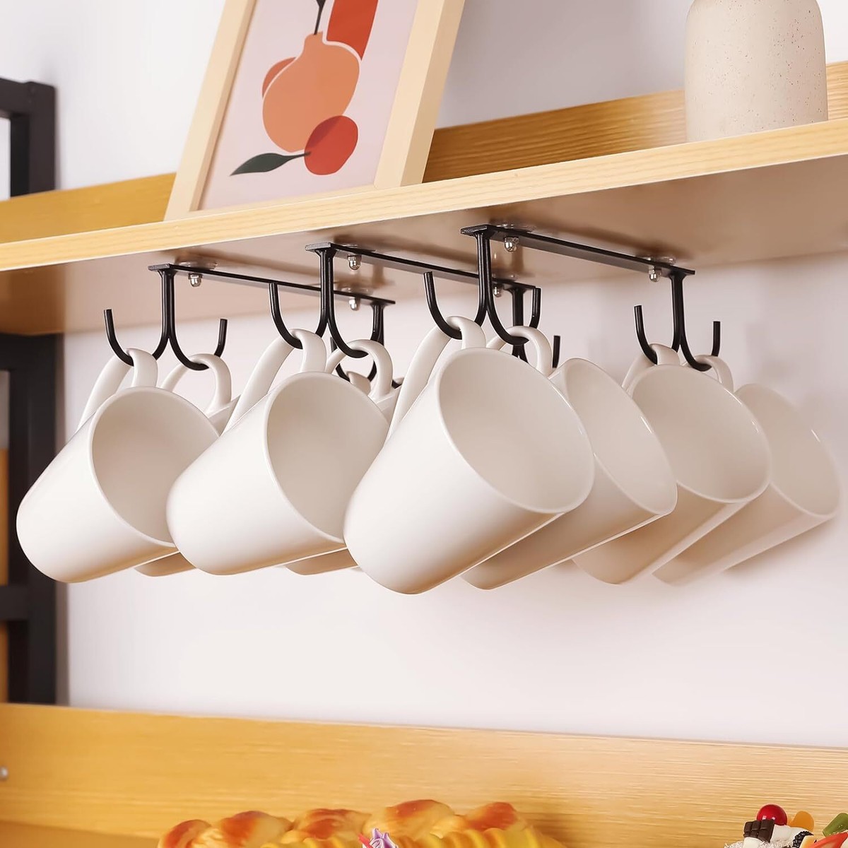 Mug Hooks Under Cabinet,3 Pieces Cabinet Holder,Under Shelf Black