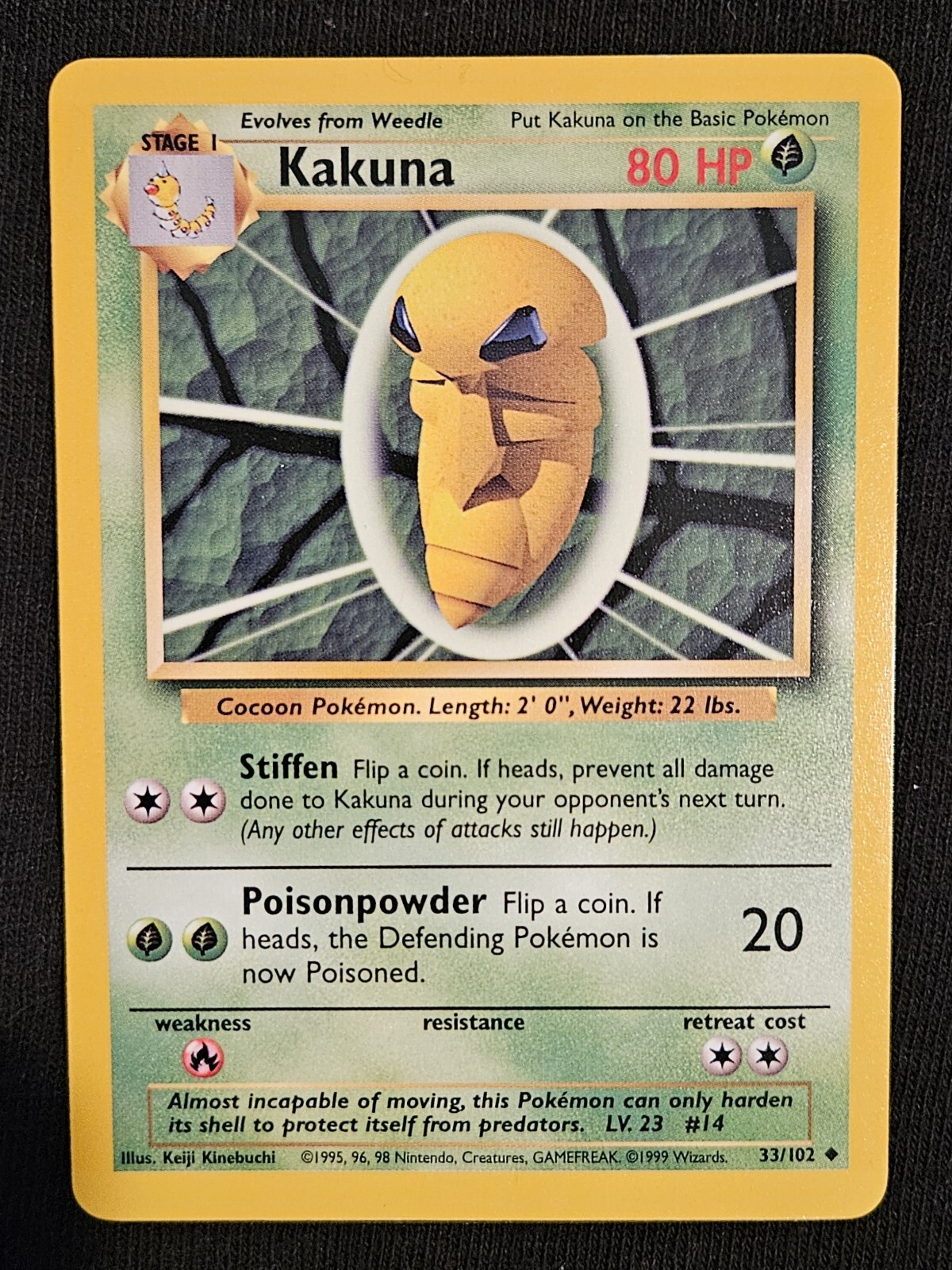 NM Near Mint Kakuna 33/102 - Base Set - WOTC - Pokémon Card - 1999