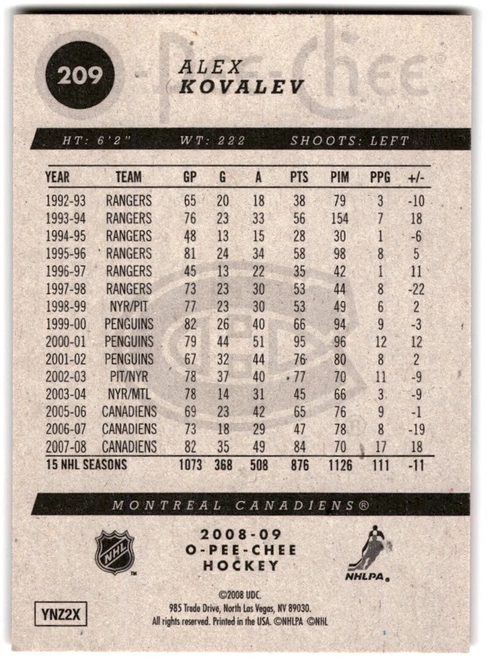 2008-09 O-Pee-Chee Alex Kovalev #209 Montreal Canadiens - Image 2 of 2