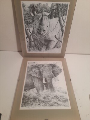 Afrikanische Tierwelt Litho Drucke X4 William Baker A4 Elefant Nashorn Gepard Löwe 