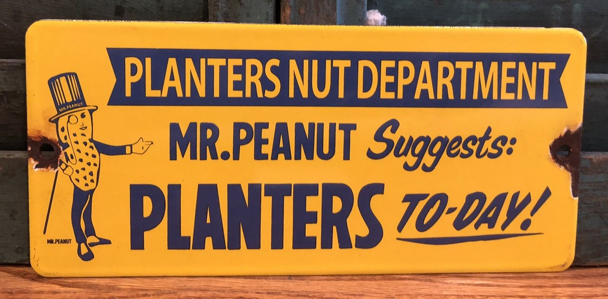 Vintage Planters Department Peanuts Mr Peanut 9.5” Porcelain Sign
