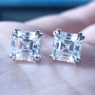 5.1 TCW Asscher Moissanite Double Prong Engagement Earring 14k White Gold Plated