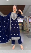 Indian Wedding Ethnic Look Viscose Velvet Blue Top And Bottom With Fancy Dupatta