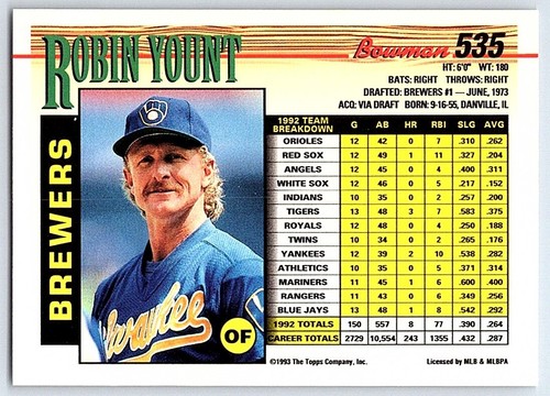 1993 Bowman Robin Yount Milwaukee Brewers #535 - Picture 2 of 2