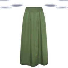 Ex Women's Petite Size Maxi Skirt Green Poplin Cotton Shirred Waistband (Defect)