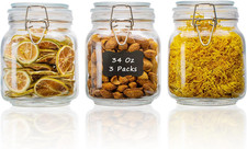 34Oz Square Glass Food Storage Jars with Airtight Clamp Lids, 3 Pack Large Kitch