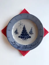 Rowe Pottery Works Salt Glaze Merry Christmas Tree 8.75” Plate Stars Blue