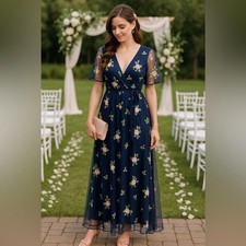 NWT Adrianna Papell Navy Cream Floral Dress sz S Modest Half Sleeve Day-Dinner