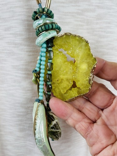 Genuine Abalone Shell Druzy Quartz Stone Statement Necklace Turquoise Blue 23” - Picture 17 of 24