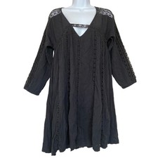 American Eagle Small Black Flare Mini Babydoll Dress Sheer Cutout Eyelet Accents