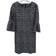 Talbots Houndstooth Dress Bell Sleeve Black White Career Midi Warn Cozy Sz 8P