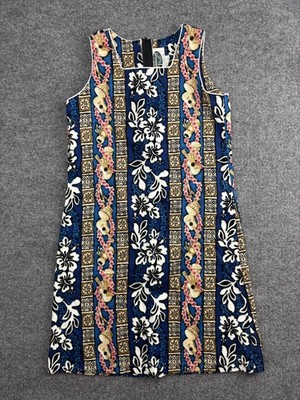 Vintage Hawaiian Islands Dress Womens 14 Blue Floral Shift Made Hawaii USA