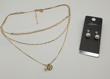 Lovissa Gold Tone Pearl Layered Chain Necklace + Silver Tone Zirconia Earrings