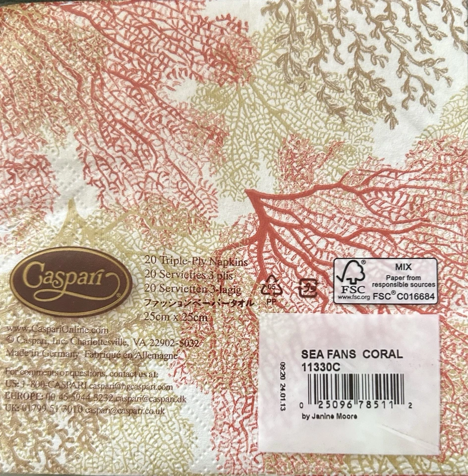 Caspari Paper Napkins Sea Fans Coral Beach Set 2 Cocktail Luncheon Germany NEW - Image 3 of 4