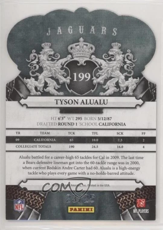 2010 Panini Crown Royale Gold /25 Tyson Alualu #199 Rookie RC - Image 2 of 2