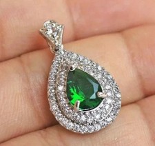 14K White Gold Plated 2 Ct Pear Cut Simulated Green Emerald Women Chain Pendant