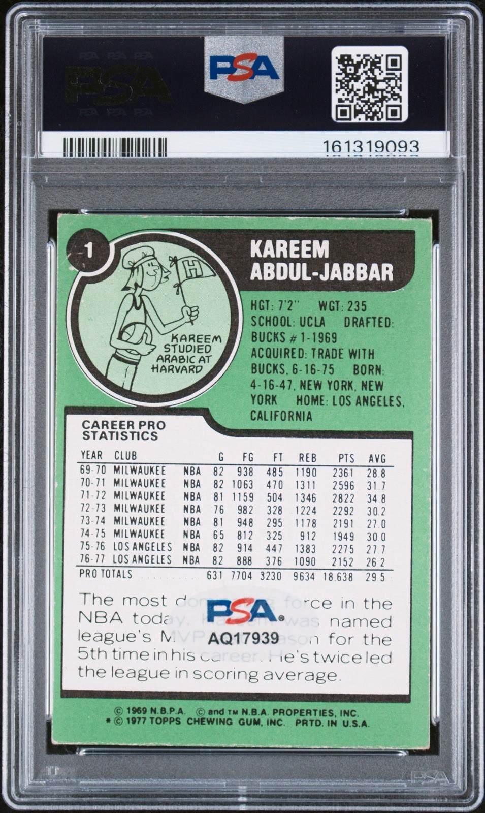 Kareem Abdul-Jabbar Signed 1977-78 Topps Lakers Basketball Card (PSA & PSA/DNA) view 2