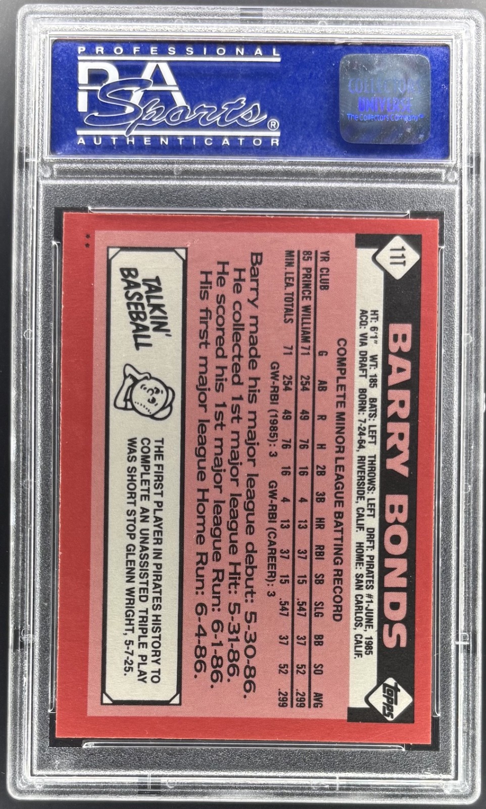 1986 Topps Traded - Barry Bonds Rookie #11T PSA 8 (RC) view 2
