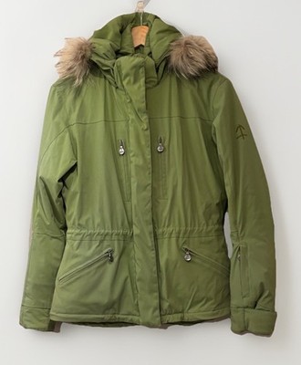 Authentische grüne technische Skijacke abnehmbare Kapuze Fell Made Italy Damen UK10 US8