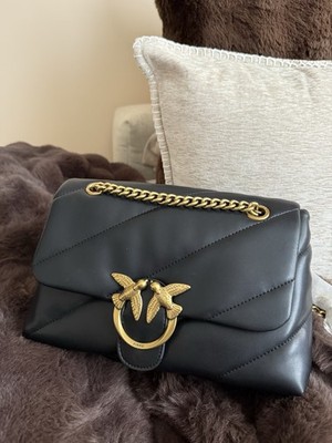 PINKO Love Baby Puff Black Leather Crossbody Bag Gold Hardware