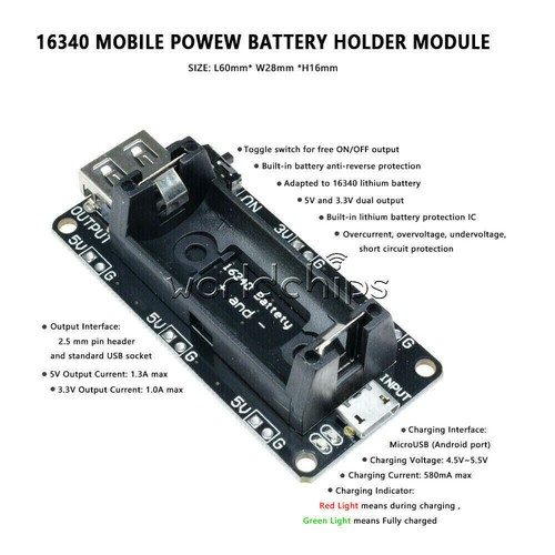 ESP32 Micro USB 5V 16340/18650 lithium Battery Shield Holder Mobile Power Module - Picture 15 of 41