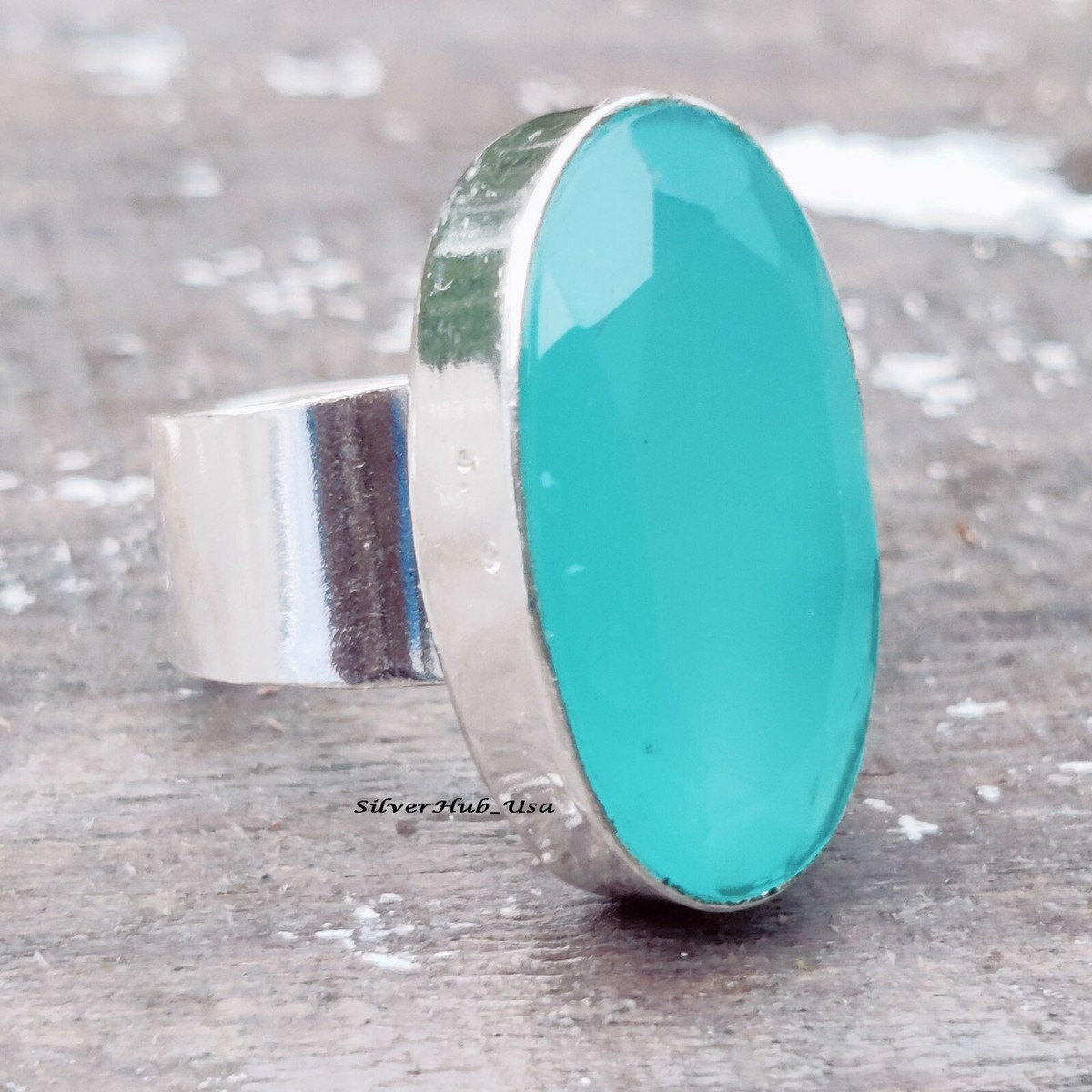 【REAL SILVER 925】AQUA SILVER Aqua Chalcedony Gemstone 925 Sterling Silver Ring Jewelry