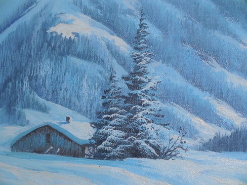 Vintage painted on canvas signed by Harden image of snowy- mountains with river - Picture 4 of 11