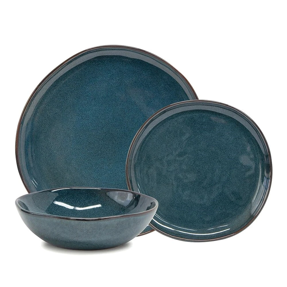 12pc Salt Pepper Series Teal Stoneware Table Set w Plates Side