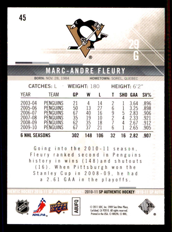 2010-11 SP Authentic #45 Marc-Andre Fleury - Image 2 of 2