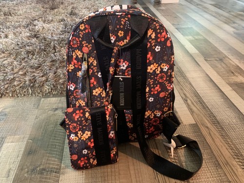 NWT Steve Madden Black Floral BFORCE Graphic Logo Signature Backpack Coin Purse - Picture 4 of 6