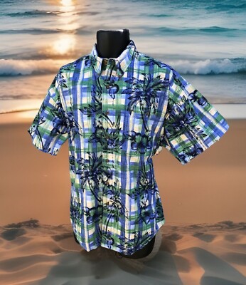Vintage Chaps Ralph Lauren Hawaiian Camp Shirt Size Large Plaid & Palm Tree Y2K