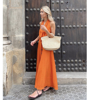 zara linen blend midi dress BELTED LINEN MIDI DRESS - Blue