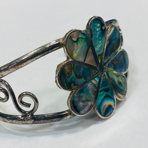 Bracciale colore argento abalone conchiglia intarsiata forma fiore centro firmato - Foto 12 di 18