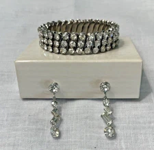 Vintage Rhinestone Expandable Bracelet And Screw Back Earrings Set