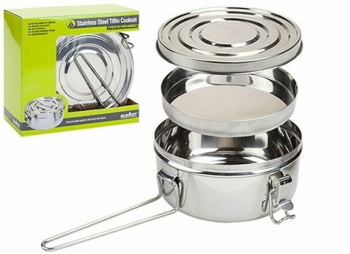 Summit 3 pce Stainless Steel 1500ml Tiffin Cooking Set Camping Holiday Metal Pan - Picture 2 of 7