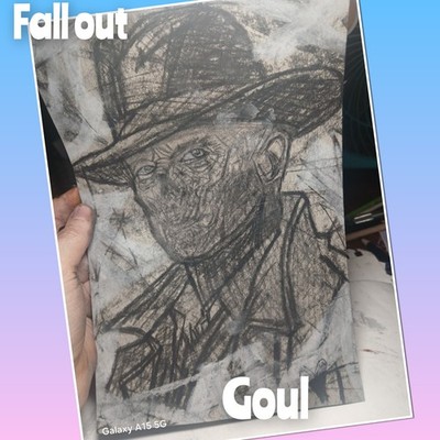 Charcoal Sketch Portrait Drawing of fall out goul  on sketchbook 