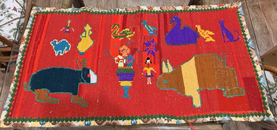 Vtg Guatemalan or Peruvian Hand Woven Wall Hanging Rabbits Birds on Red 40''x21''