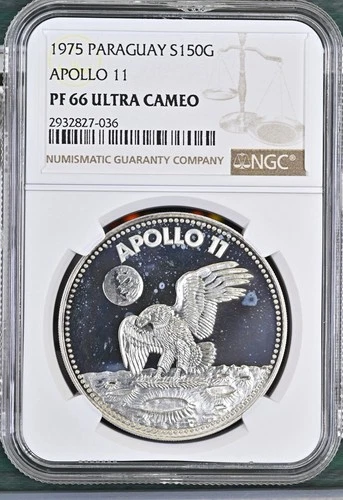 1975 Paraguay 150 Guaranies Apollo 11 Mission Moon Space PF66 NGC Silver Coin