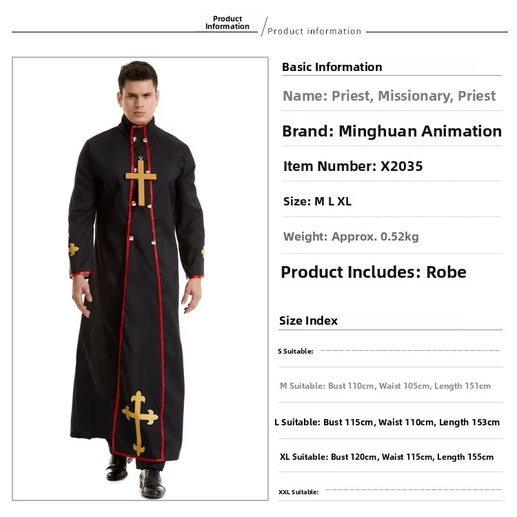 Disfraz de sacerdote aterrador disfraz pastor padre predicador túnica religiosa Halloween AU Foto 2 de 4