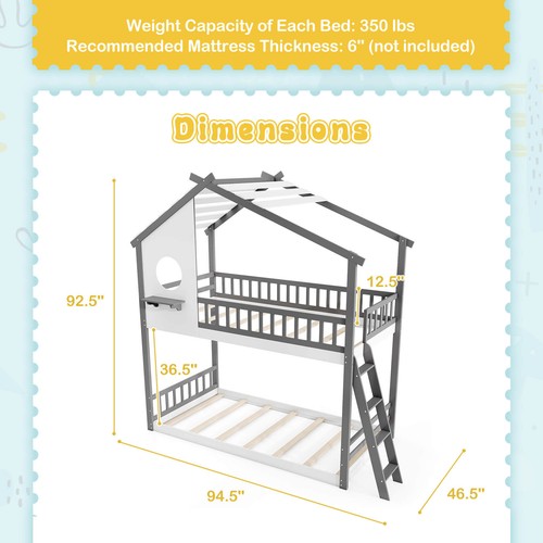 Twin over Twin House Bunk Bed with Roof Ladder & Full-length Guardrails for Kids - Picture 2 of 10