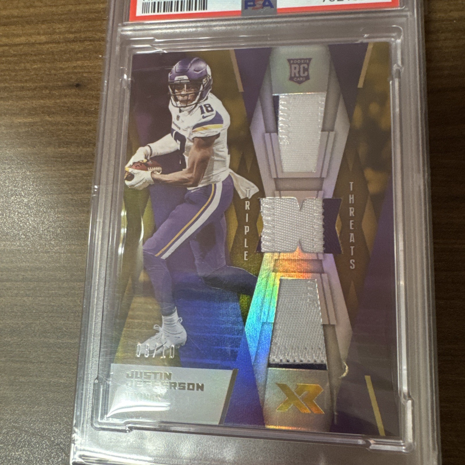 2020 Panini XR - Rookie Triple Threats 3 Patch Justin Jefferson Gold /10 PSA 8 view 4