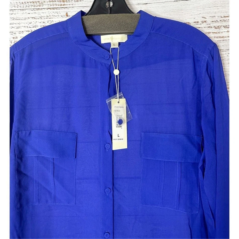 NUEVA Camisa con etiquetas Erin Fetherston Para Mujer Seda Gasa Transparente Abotonada Azul Grande Foto 2 de 4