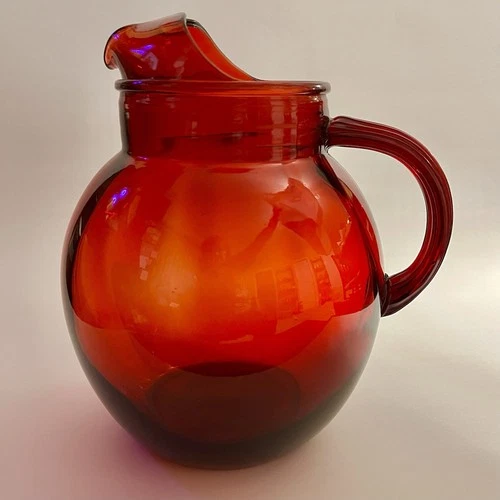 Vintage  Anchor Hocking Ball Pitcher Royal Ruby Red Glass Ice Lip 3 qts 9"H MCM